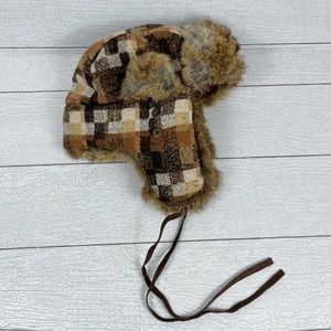 Hat Attack New York Brown Check Bomber Trapper Cap Rabbit Fur Trim Size L